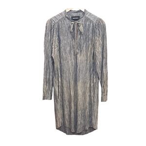 Sabina Musayev Metallic Pleated Midi Shift Dress Tie Neck Silver Gold M Holiday